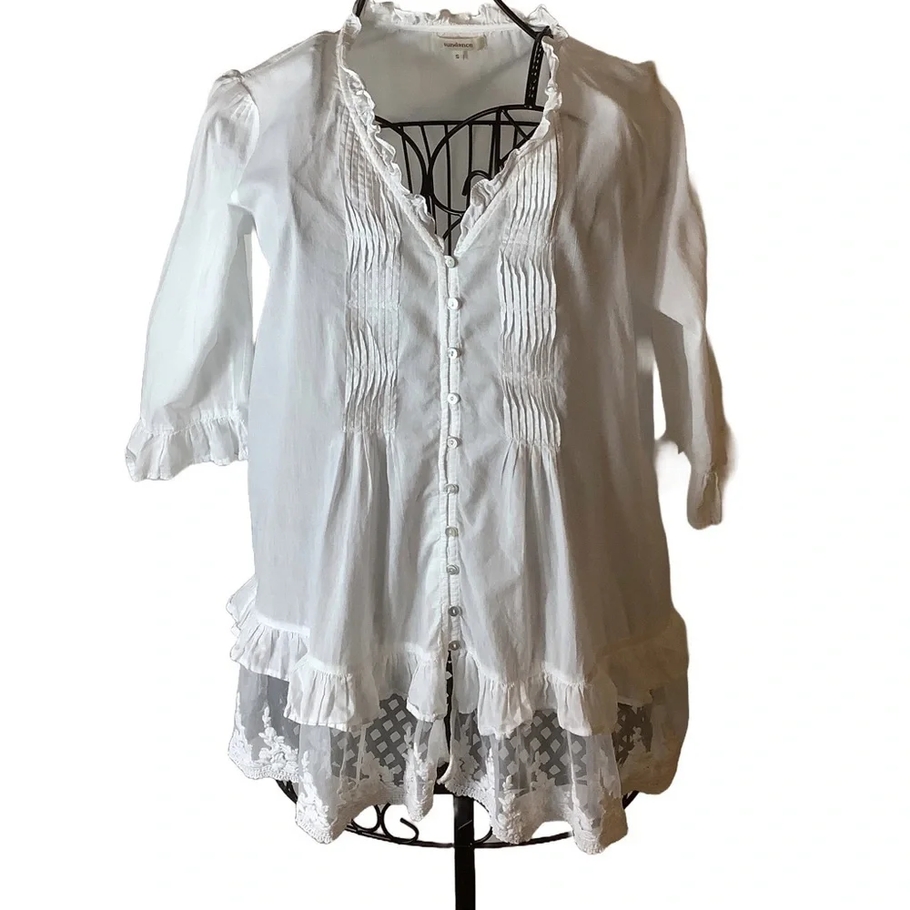 Sundance White Pintuck Lace Boho Tunic Blouse Cottagecore Top Small - Picture 3 of 10